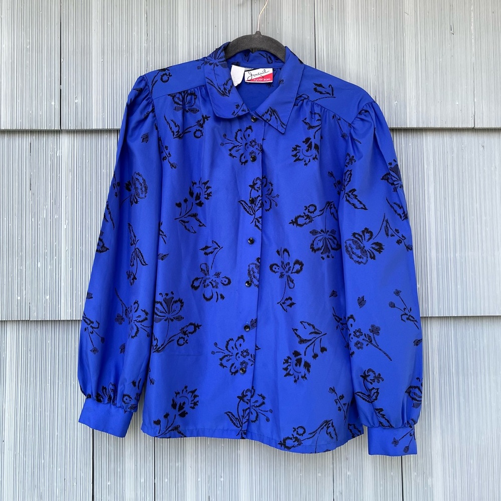 Vintage Royal Blue & Black Floral Patterned Long Sleeve Blouse, Judy Bond, sz 10
